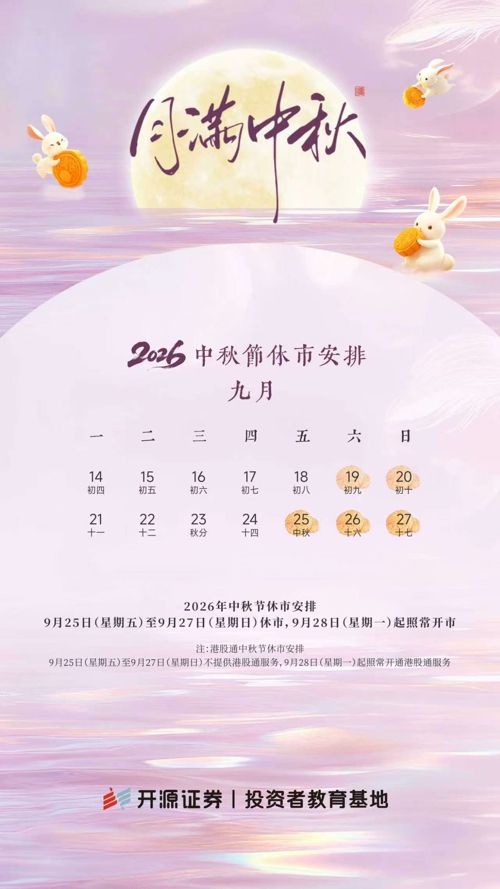 2026年中秋节休市安排